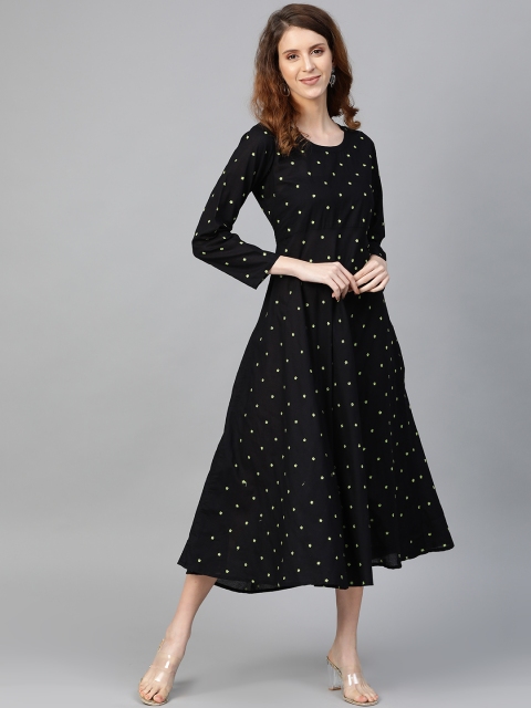 

See Designs Women Black & Green Embroidered A-Line Dress