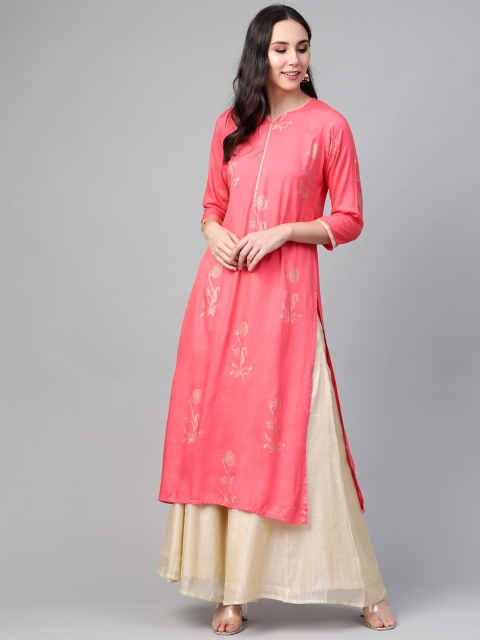 

See Designs Women Pink & Golden Printed Straight Kurta