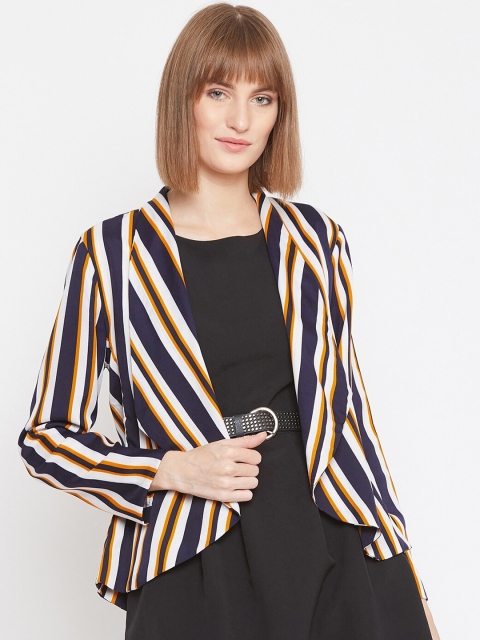 

PURYS Women Blue & Yellow Striped Open Front Shrug