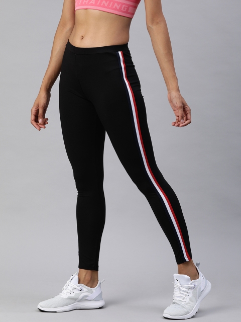 

London Rag Women Black Solid Running Tights with Side Stripe Detail