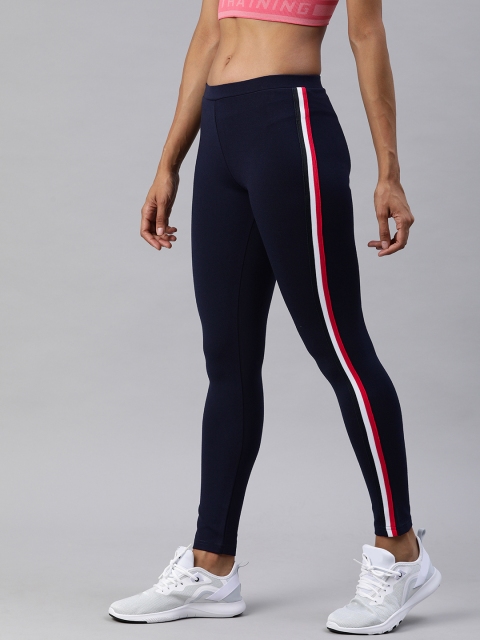 

London Rag Women Navy Blue Solid Running Tights with Side Stripe Detail