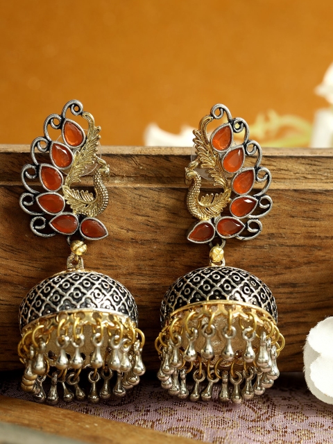 

ANIKAS CREATION Gold-Plated Orange Peacock Shaped Jhumkas