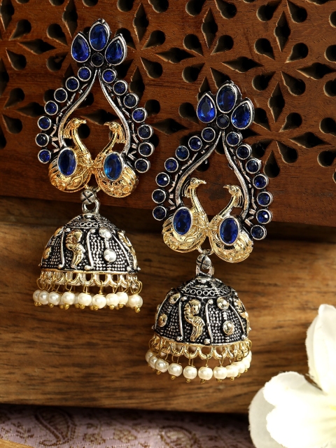

ANIKAS CREATION Gold-Plated & Blue Peacock Shaped Jhumkas