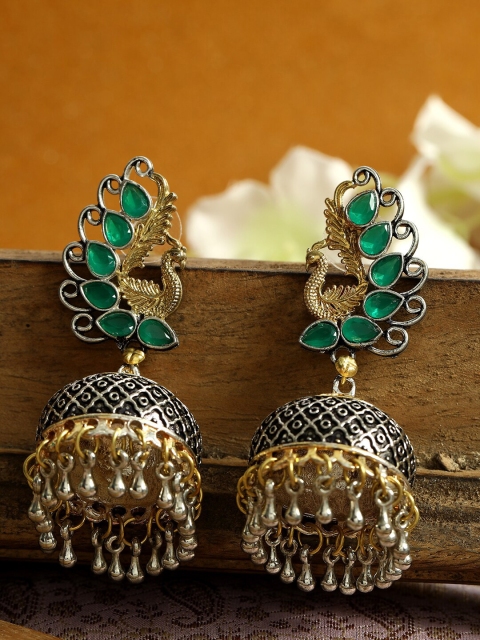 

ANIKAS CREATION Gold-Plated Green Peacock Shaped Jhumkas