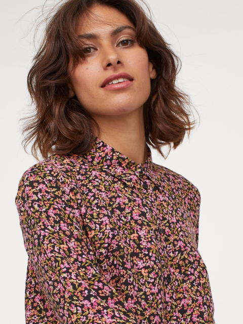 

H&M Women Black Printed Balloon-Sleeved Shirt