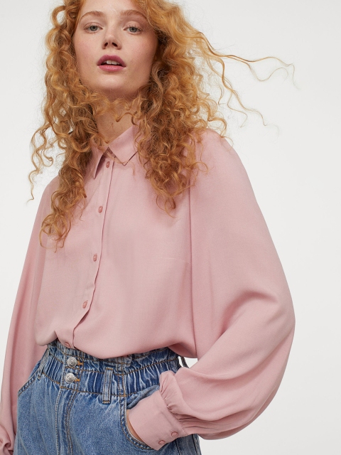 

H&M Women Pink Solid Balloon-Sleeved Shirt