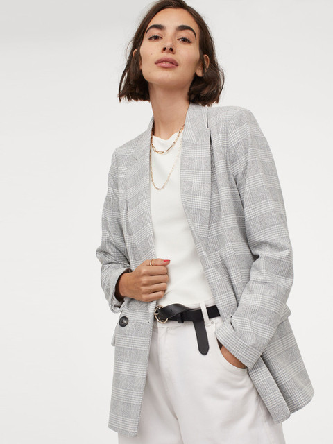 

H&M Women Grey Checked Double-Breasted Jacket