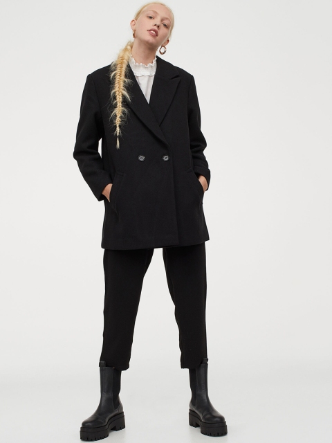 

H&M Women Black Double-Breasted Jacket