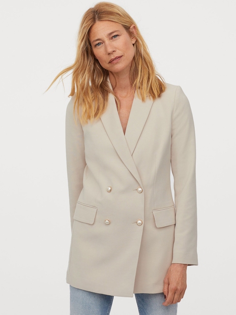 

H&M Women Beige Solid Double-Breasted Jacket