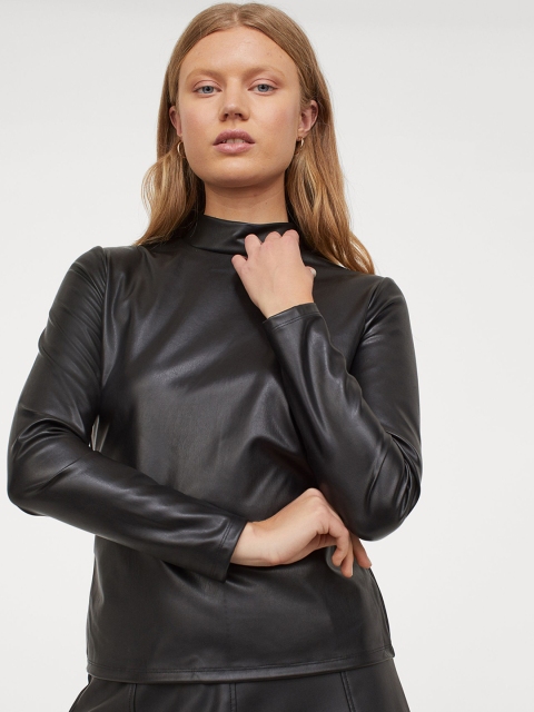

H&M Women Black Solid Imitation Leather Top