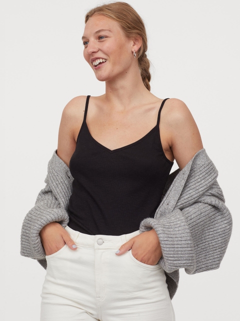

H&M Women Black Ribbed Modal-Blend Strappy Top
