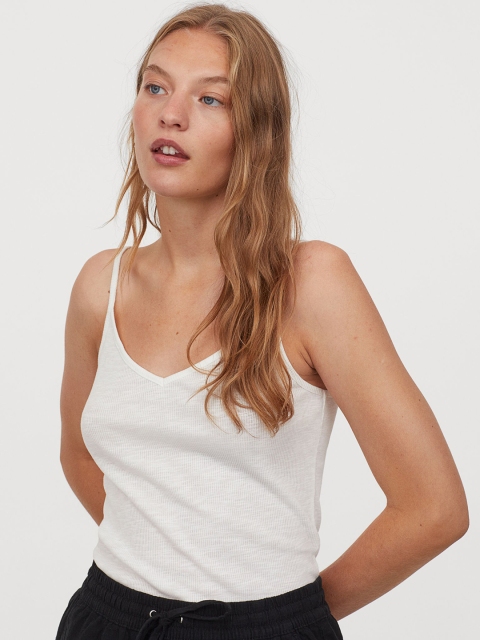 

H&M Women White Ribbed Modal-Blend Strappy Top