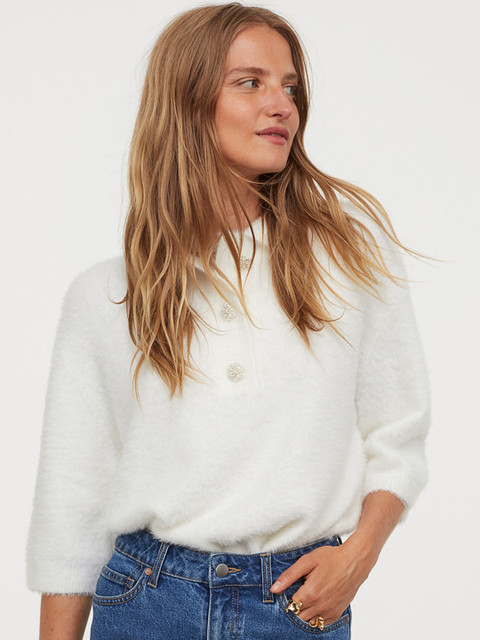 

H&M Women White Sparkly-Button Fluffy Top