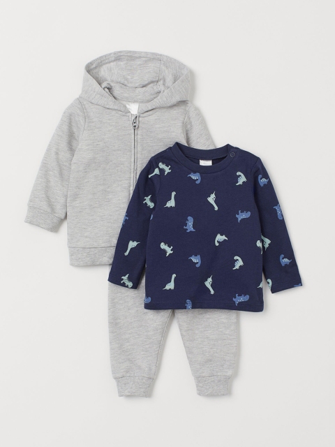 

H&M Boys Grey & Navy Blue Solid 3-Piece Cotton Set