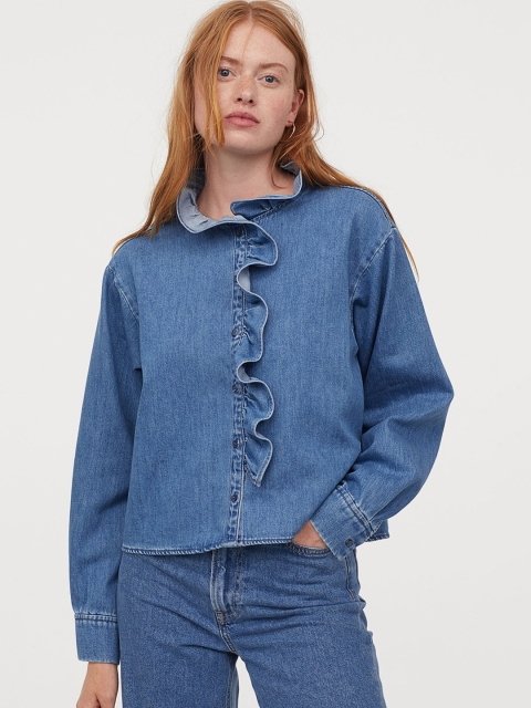 

H&M Women Blue Frill-Trimmed Denim Blouse