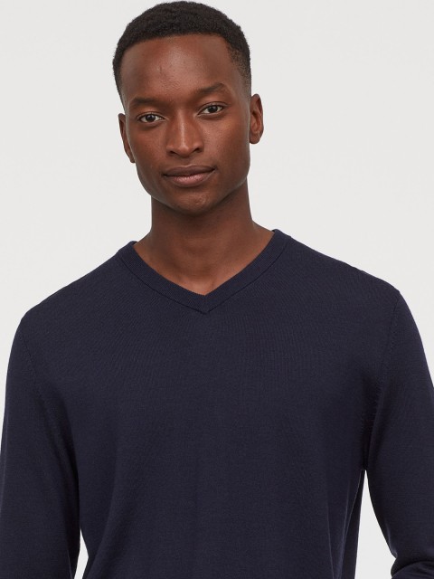 

H&M Men Navy Blue Fine-Knit Wool Jumper
