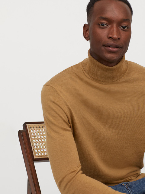 

H&M Men Beige Merino Wool Polo Neck Jumper