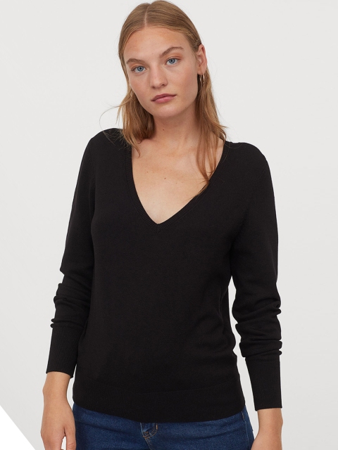 

H&M Women Black Solid Fine-Knit Jumper