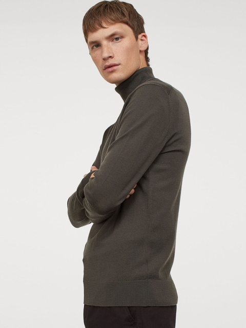 

H&M Men Green Merino Wool Polo-Neck Jumper