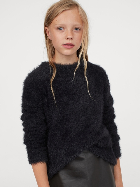 

H&M Girls Black Self Design Fluffy Jumper