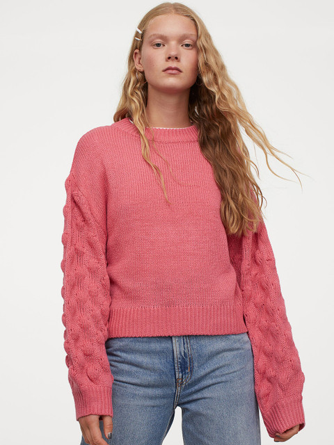 

H&M Women Pink Self Design Balloon-sleeved Jumper