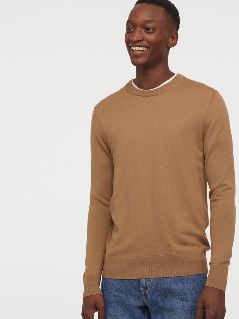 

H&M Men Beige Solid Slim Fit Merino Wool Jumper