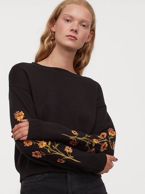 

H&M Women Black Embroidery-Detail Jumper