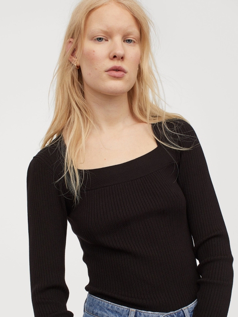 

H&M Women Black Solid Rib-knit Jumper