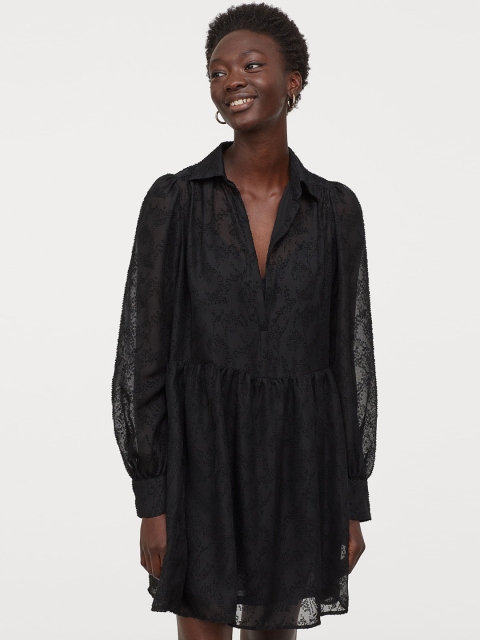 

H&M Women Black Self Design Puff-Sleeved Dress
