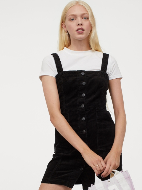 

H&M Women Black Solid Zip-Front Dungaree Dress