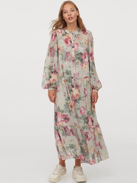 

H&M Women Green & Pink Floral Printed Puff-Sleeved Chiffon Dress