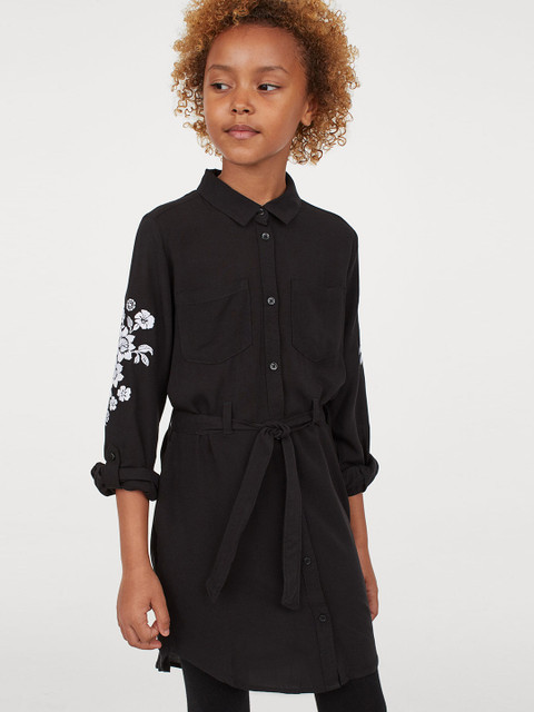 

H&M Girls Black & White Floral Embroidered Shirt Dress