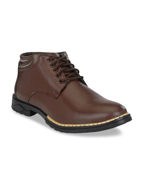 

Mactree Men Brown Solid Leather Lightweight Mid-Top Flat Boots