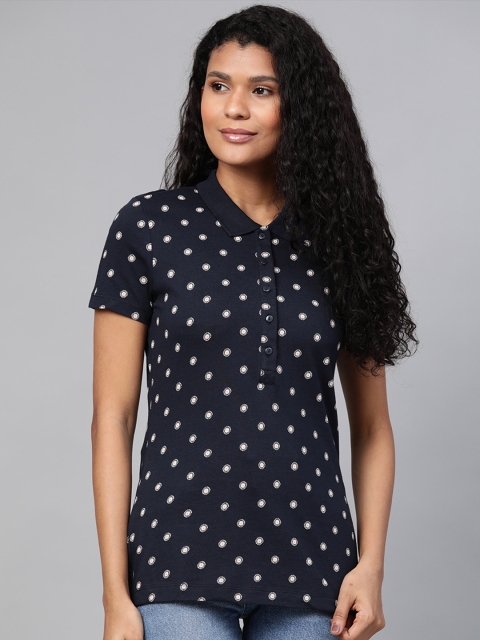 

Marks Spencer Women Navy Blue Off White Printed Polo Collar Pure Cotton T-shirt