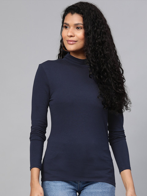 

Marks & Spencer Women Navy Blue Solid High Neck T-shirt
