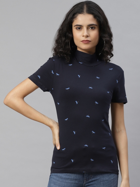

Marks & Spencer Women Blue Printed Fitted High Neck T-shirt