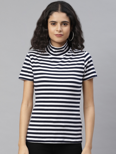 

Marks & Spencer Women Navy Blue & White Striped High Neck T-shirt