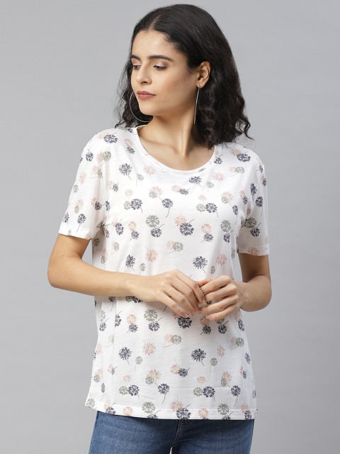 

Marks & Spencer Women Off-White & Navy Floral Print Round Neck T-shirt