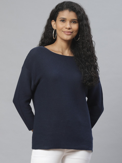 

Marks & Spencer Women Navy Blue Ribbed Pullover Sweater