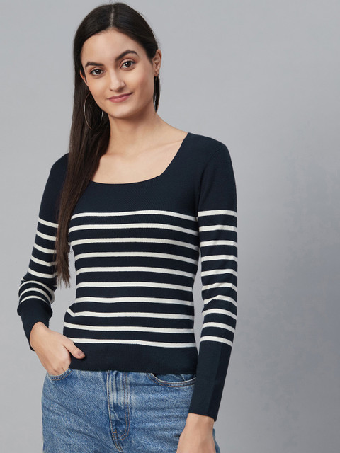 

Marks & Spencer Women Navy Blue & White Striped Winter Top