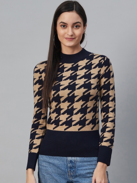 

Marks & Spencer Women Beige & Navy Blue Houndstooth Patterned Pullover Sweater