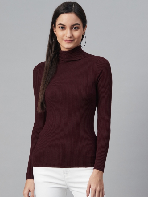 

Marks & Spencer Women Burgundy Ribbed Pullover Sweater