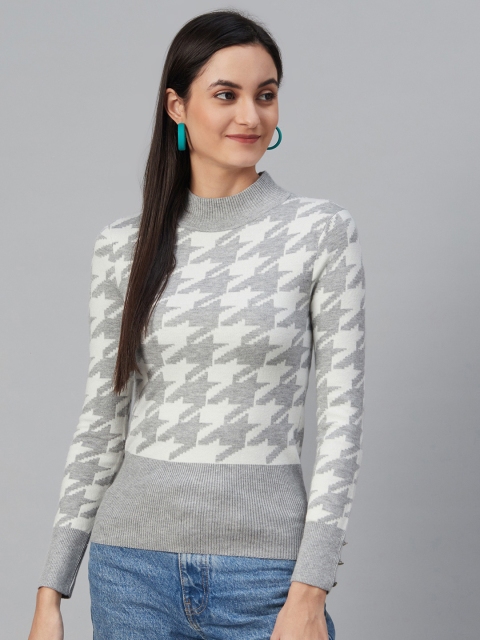 

Marks & Spencer Women Grey & White Houndstooth Patterned Pullover Sweater
