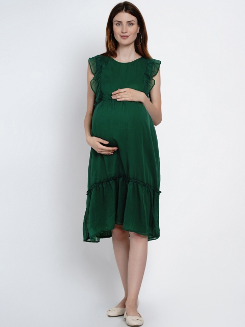 

Mine4Nine Women Green Solid Maternity Fit and Flare Dress