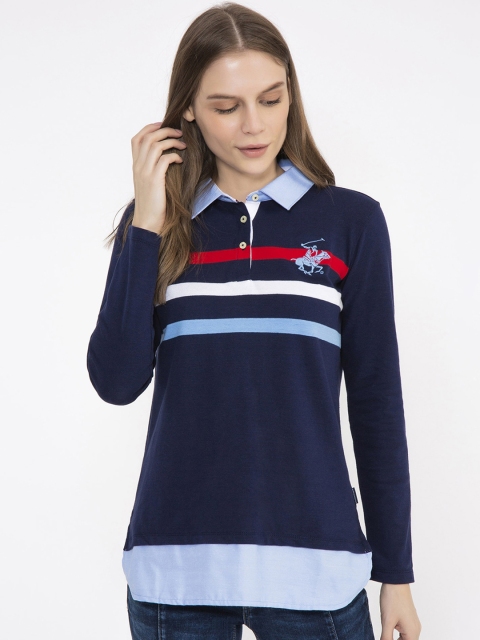 

Beverly Hills Polo Club Women Navy Blue Striped Polo Collar T-shirt