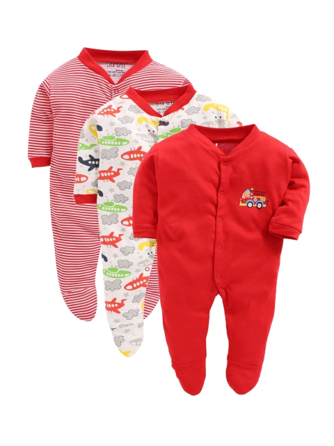 

BUMZEE Newborn Kids Set Of 3 Printed Sleepsuits, Red