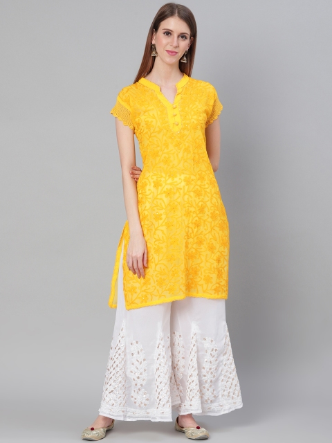 

Saadgi Women Yellow & White Aari Embroidered Handloom Kurta with Palazzos