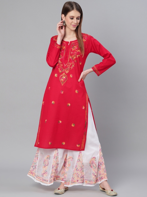 

Saadgi Women Red & White Chikankari Embroidered Handloom Kurta with Palazzos