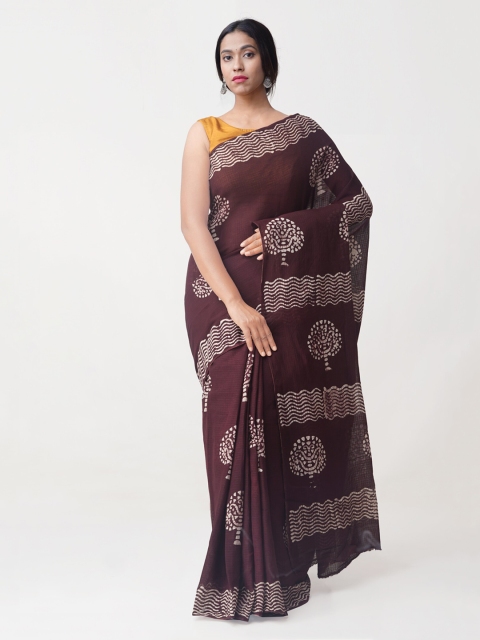 

Unnati Silks Brown & Off-White Pure Organza Cotton Printed Kota Saree