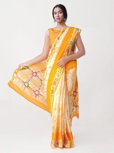 

Unnati Silks Yellow & Off-White Batik Print Pure Kota Organza Cotton Saree